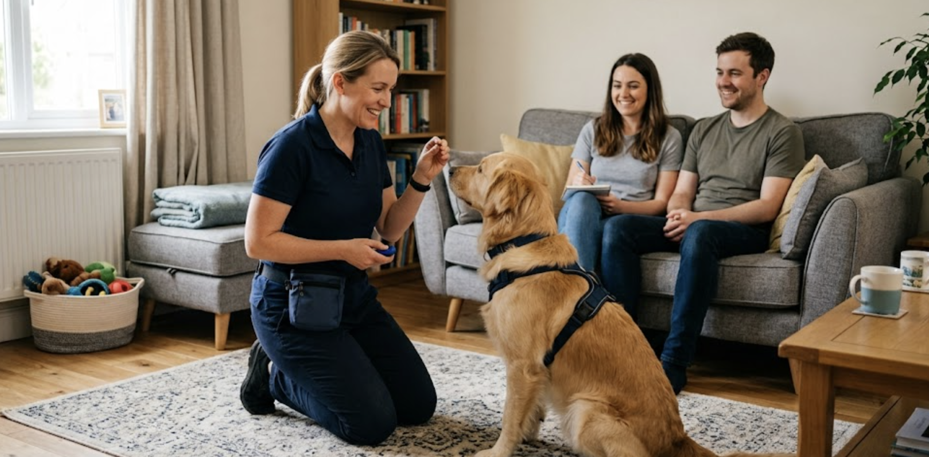Dog trainer working with a golden retriever in a family living room