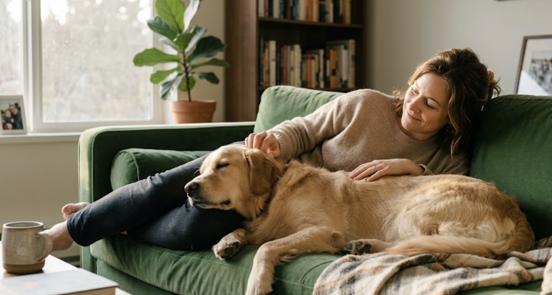 Owner relaxing on the sofa beside her calm golden retriever Owner relaxing on the sofa beside her calm golden retriever