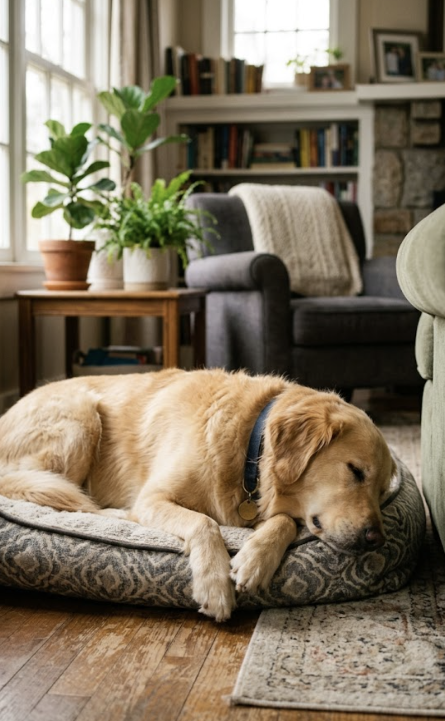 Golden retriever resting calmly on its bed in the trainer's home