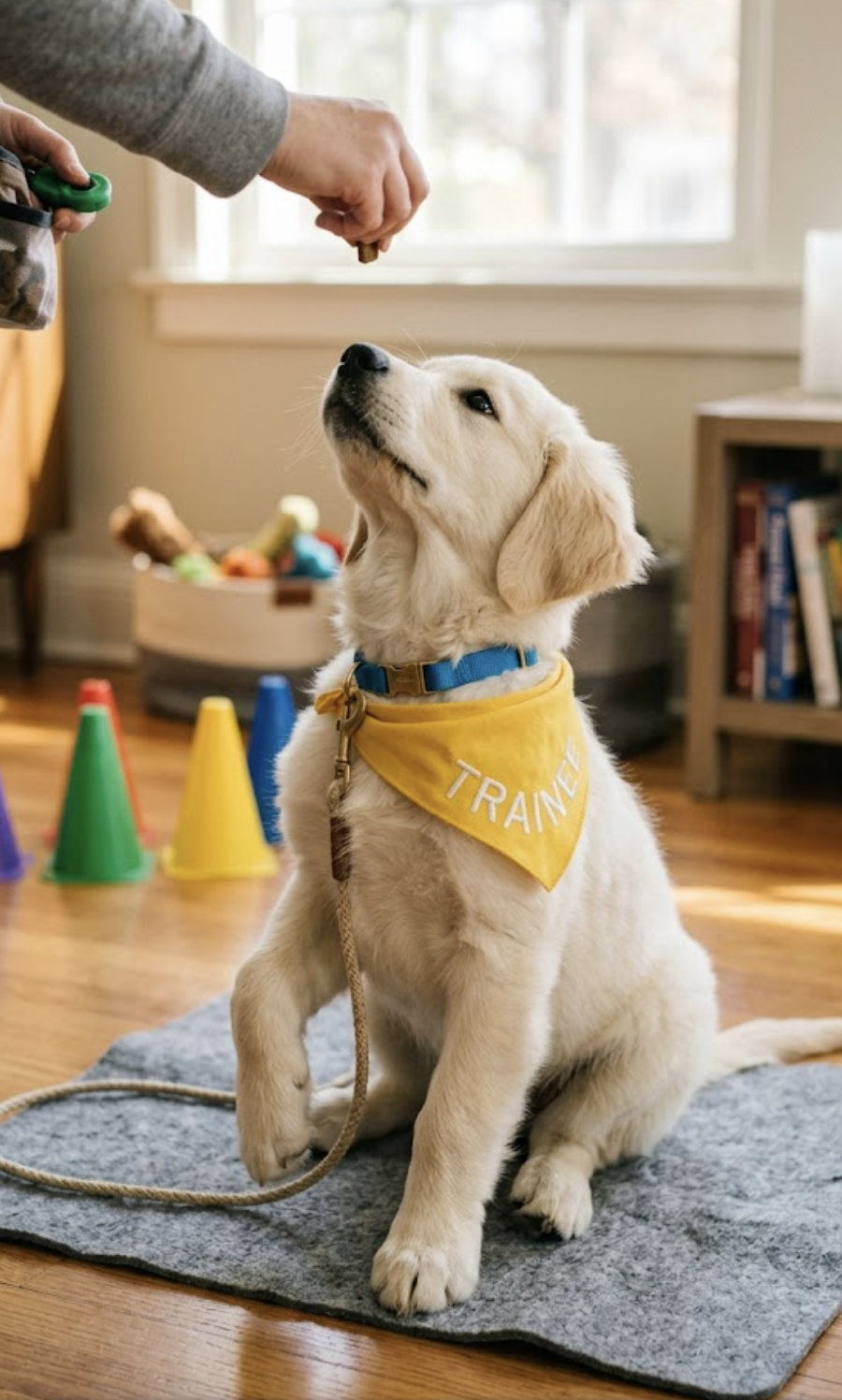Puppy in a yellow bandana sitting on cue during puppy training