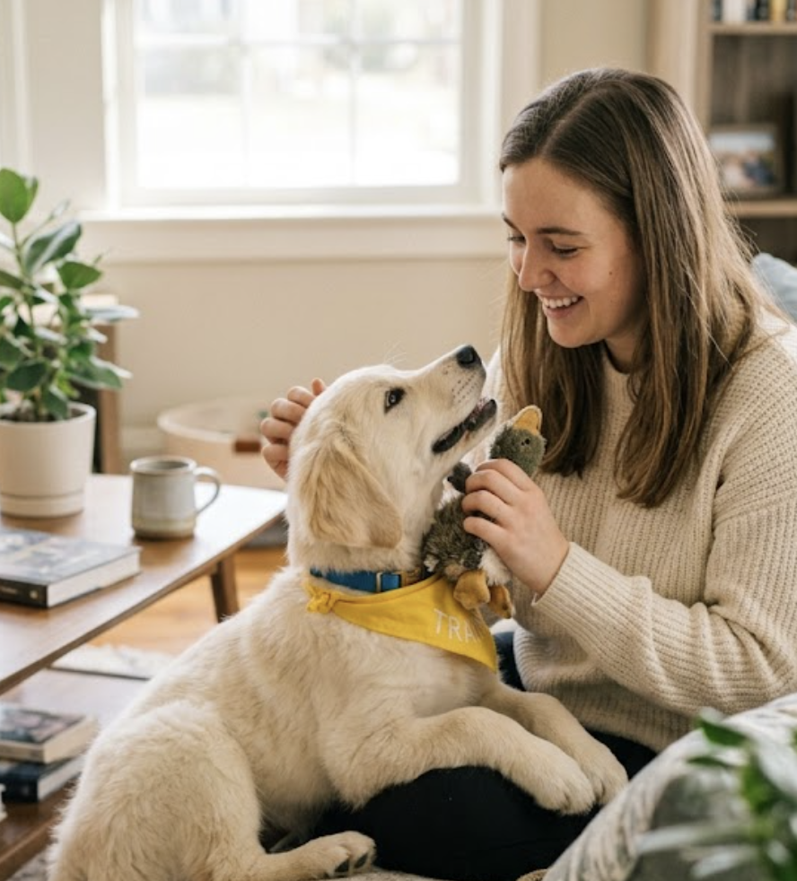 Owner rewarding her golden retriever puppy at home